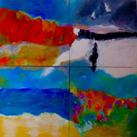 LE MANEGE DES SAISONS quadrilyptique Acrylique sur toile 4 x 50x50